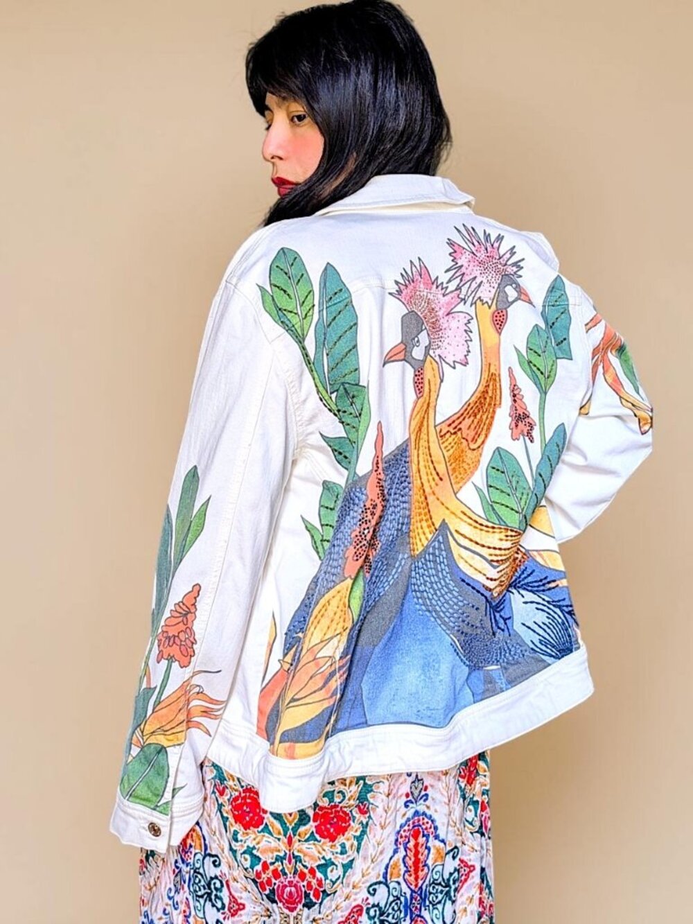 Chicos VTG Y2K embroidery beaded bird botanical boho fairy cottage jacket 3 M/L